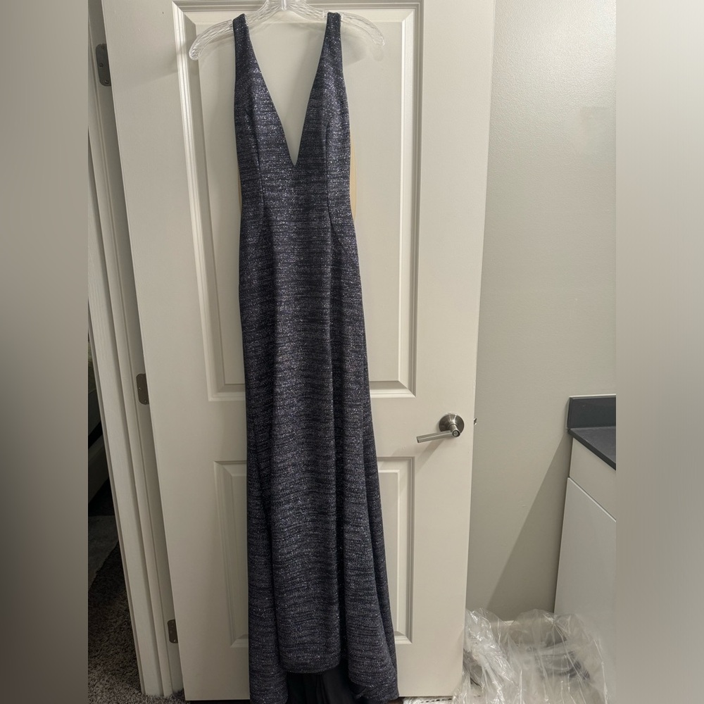 Jovani Plunging V-Neck Dress in Gunmetal Silver Prom Dress